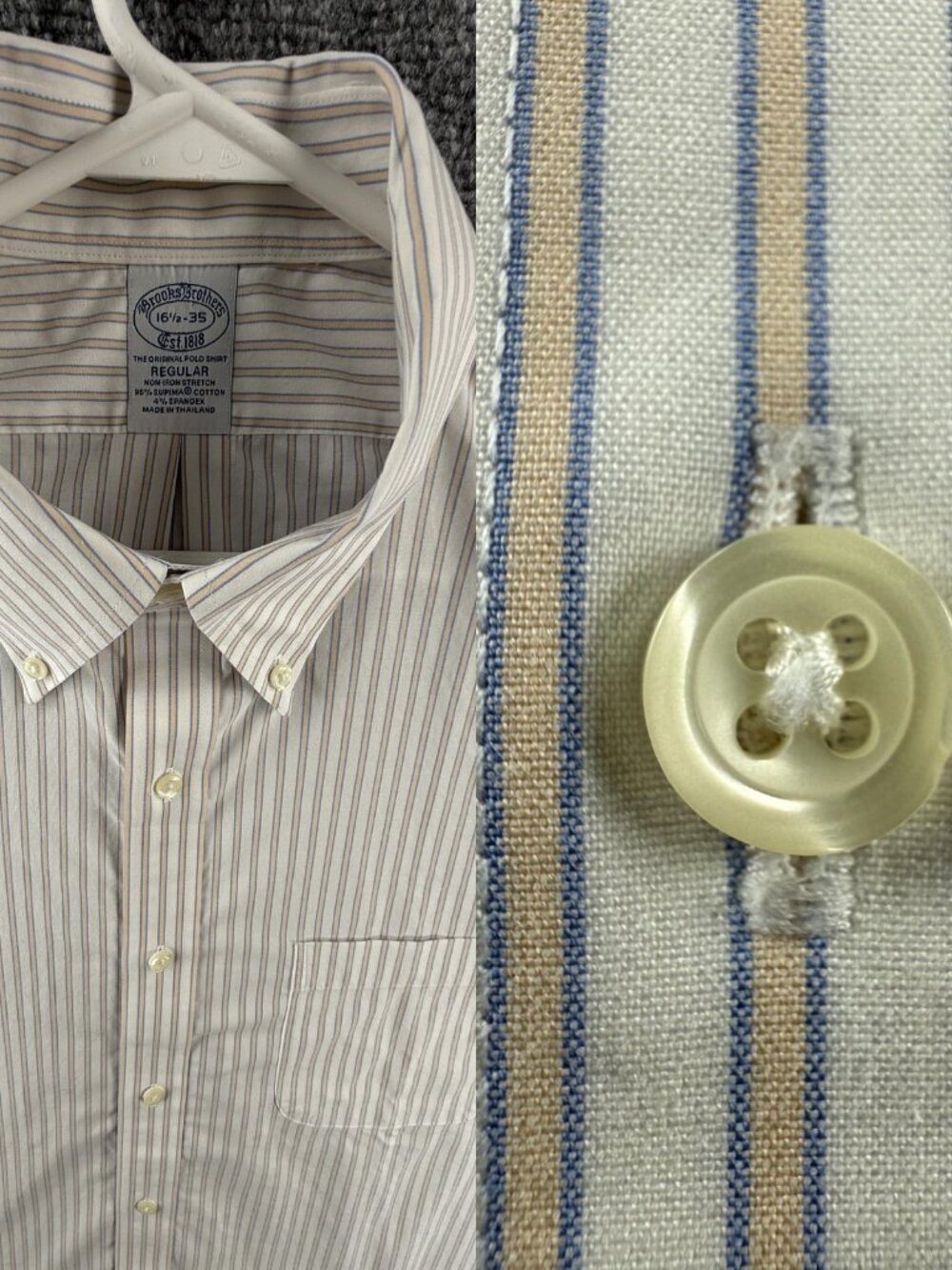 Brooks Brothers Beige Blue Button-Down Striped Cotton Spandex Non-Iron 16.5 35